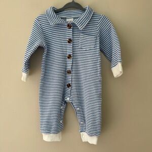 Blue White Striped Waffle Knit Baby Romper Long Sleeve Snap Bottom 3-6 Months